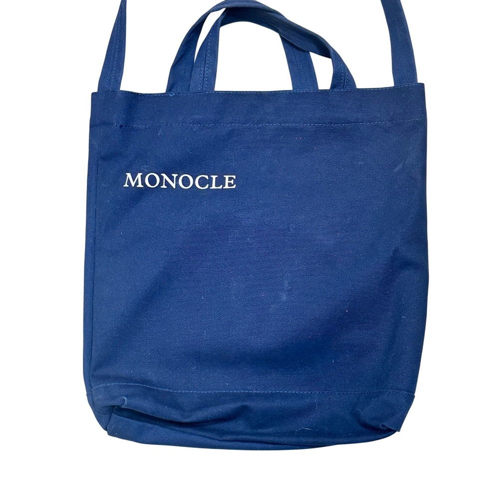 Monocle Navy Blue Canvas Tote Bag Dual Handle Shoulder Strap Logo Print